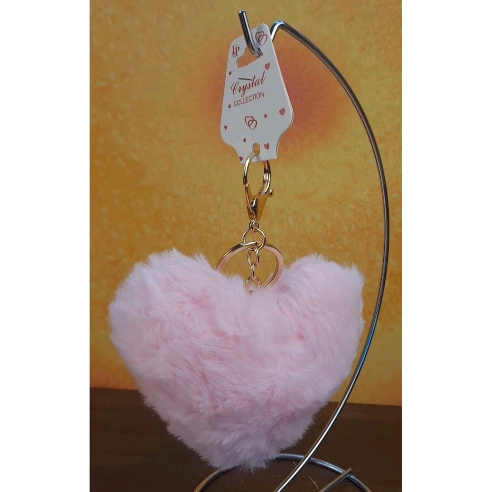 Crystal Collection Pink Shaped Heart Pompom‎ Keychain Purse Charm Backpack Clip